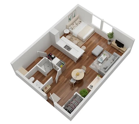 A top-down view of a modern apartment with a living room, kitchen, and dining area.